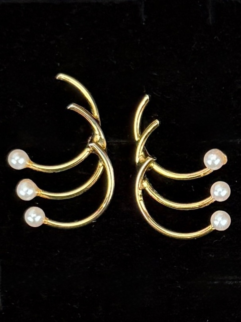 Vintage Gold Tone Faux Pearl Modernist Pierced Earrings